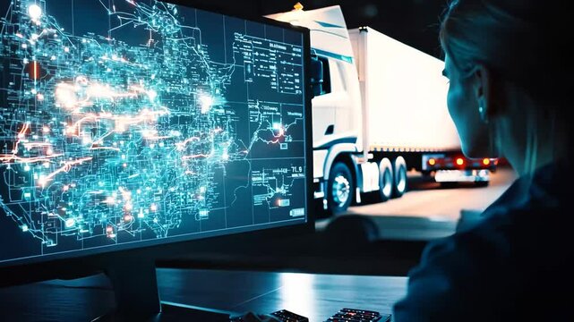 A logistics professional working at night, analyzing a digital map and tracking a fleet of trucks in real time. The illuminated screens and parked trucks highlight advanced supply chain management 
