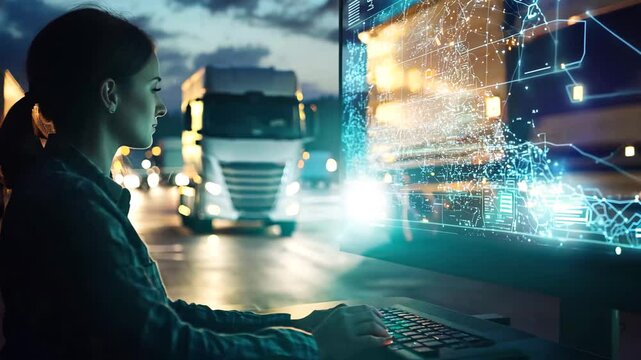 A logistics professional working at night, analyzing a digital map and tracking a fleet of trucks in real time. The illuminated screens and parked trucks highlight advanced supply chain management 
