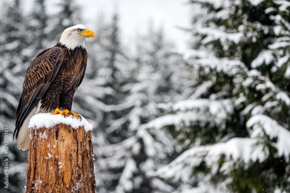 Poster a majestic bald eagle resting on a weathered tree stump in a natural setting