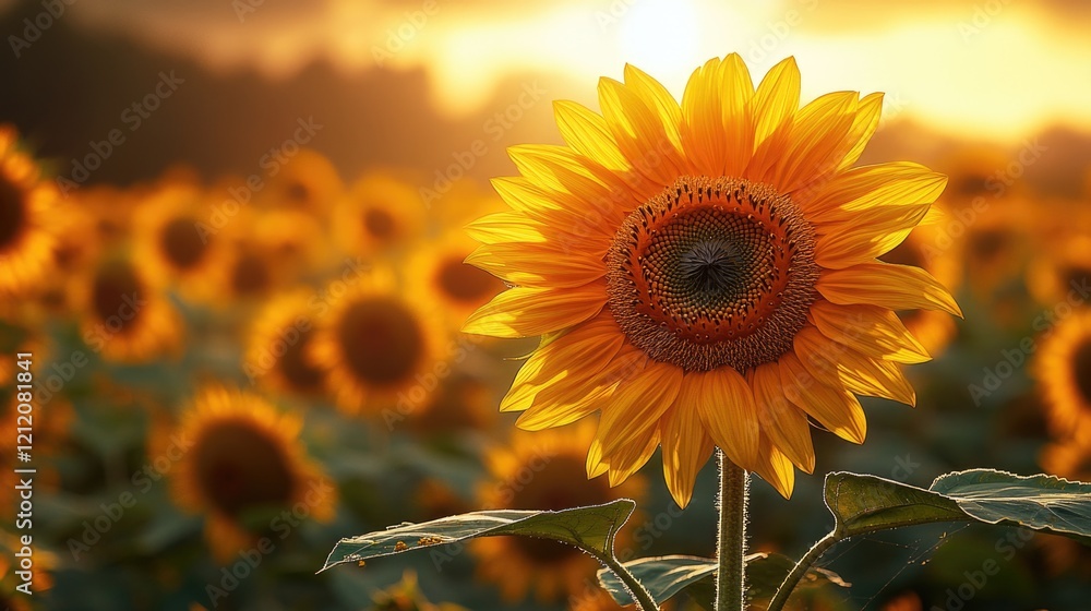 Poster a single sunflower stands out in a sea of similar flowers, perfect for use as a symbol of nature or 