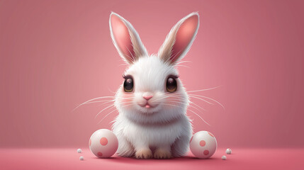 Fototapeta premium Cute Easter Bunny with Eggs on Pink Background