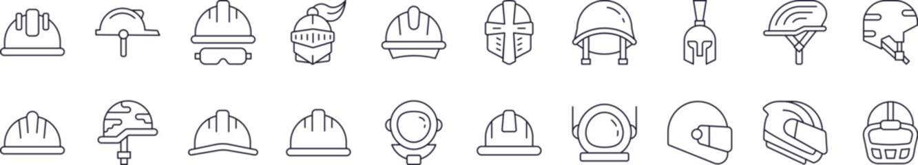 Helmet Line Icon Collection. Outline Signs for Graphic and Web Design, Apps, Adverts, Various Cards