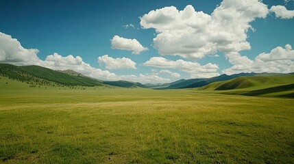 Obraz premium Sunny grassland valley, mountains backdrop, clear sky, nature scene, travel photography