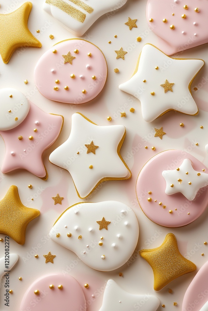 Poster featuring round abstract shapes in soft pinks and whites, this background is accented with gold star