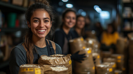 A cheerful group stacking bags of rice and canned goods for a food pantry. Bright lighting, contrast