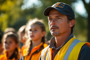 Obraz premium A volunteer leading a group of children in an educational activity at an outdoor event. Bright lighting, contrast