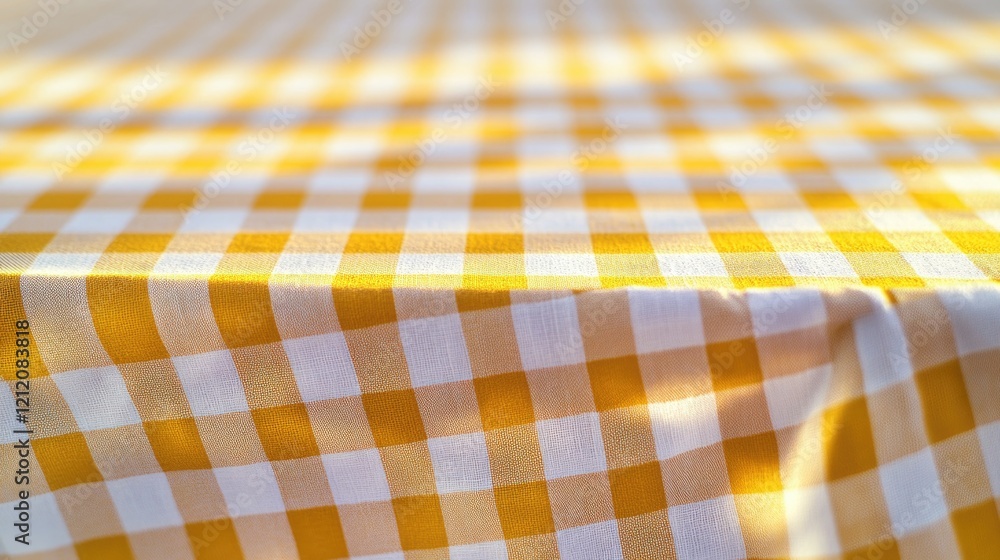 Poster a cheerful table setting with a bright yellow and white checkered tablecloth