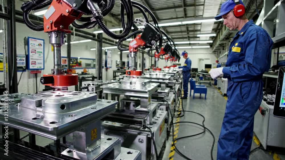 Poster advanced manufacturing process showcasing robotic automation in an industrial setup