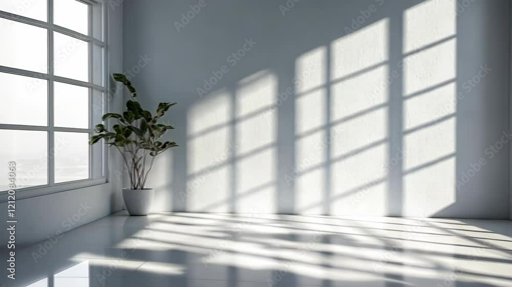 Poster small potted tree casting intricate shadows on a white wall, creating a striking black and white com