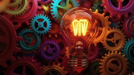 Light bulb illuminated with gears in the background symbolizing innovation and creativity