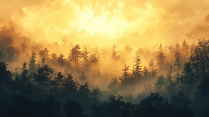 A serene forest landscape at dawn, with mist rising among silhouettes of trees, bathed in warm golden light, creating a tranquil atmosphere ideal for relaxation and nature appreciation