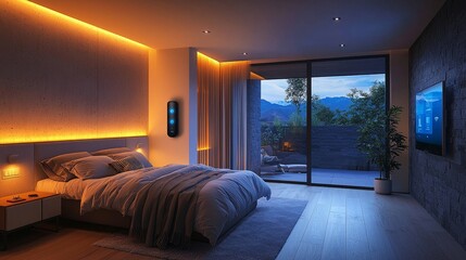 Stylish modern bedroom with warm lighting and scenic mountain view through glass sliding doors at twilight.