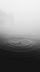 Gentle ripples spread across a calm water surface, reflecting the soft hues of dawn. A peaceful atmosphere envelops the tranquil setting, enhanced by a veil of mist in the background