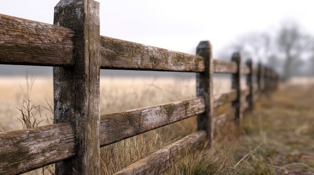 Rustic wooden fence, foggy field, autumn, rural landscape, website banner