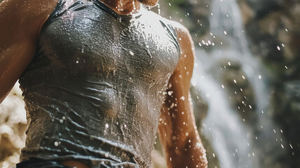 person in wet shirt standing near waterfall, showcasing water droplets
