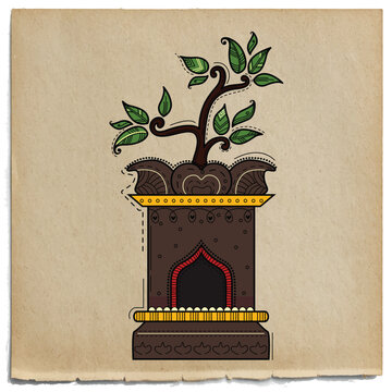 vector illustration of desi (indian) art style holy basil or tulasi vrindavan.
