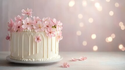Delicate White Wedding Cake Adorned with Pink Flowers, Pearls, and Cream Drips, Set Against a Dreamy Pastel Bokeh Background, Perfect for Celebrations and Special Occasions.