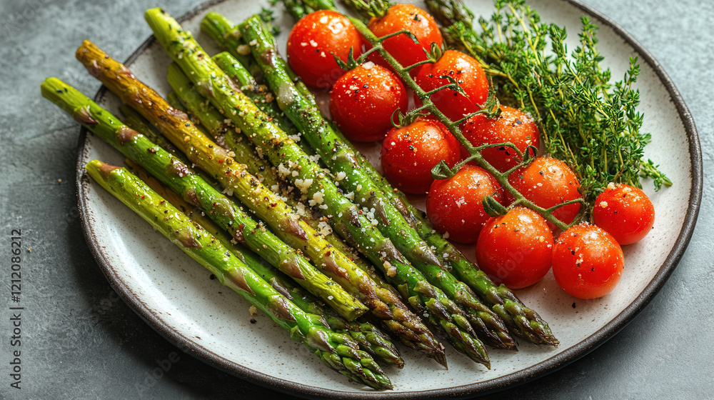 Wall mural Fresh asparagus and cherry tomatoes garnished with parmesan on a white plate for a bright culinary presentation in natural light