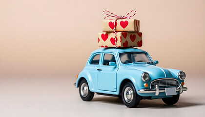 Toy Car with Heart-Patterned Gift Boxes Light Blue Car and Red & White String in Clean, Simple Setting, Love icon and Valentine's day wording on torn paper, created with generative ai