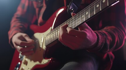 A close-up of a guitarist's hands strumming chords on an electric guitar on stage."