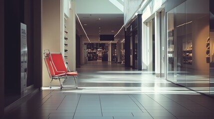 Naklejka premium Empty shopping mall corridor with bright reflections