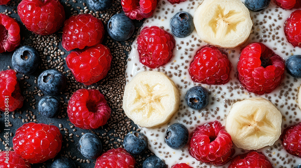 Wall mural vibrant breakfast bowl featuring chia seeds, bananas, raspberries, and blueberries