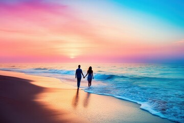 Fototapeta premium Silhouette of a couple walking hand in hand against a stunning sunset. Their romantic journey symbolizes love and companionship, set amidst a serene, scenic backdrop.