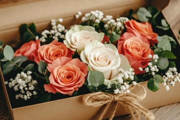 Obraz premium A rustic kraft paper box overflowing with delicate garden roses. The floral arrangement exudes a vintage, handmade charm with its soft pastel hues and organic elegance.