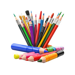 Fototapeta premium Vibrant Collection of Colored Pencils, Crayons, and Paintbrushes