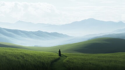 Fototapeta premium Solitary figure in misty green valley, mountains background.