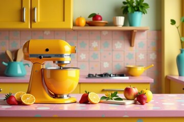 A vibrant yellow stand mixer sits on a pink countertop in a retro kitchen, surrounded by fresh fruit