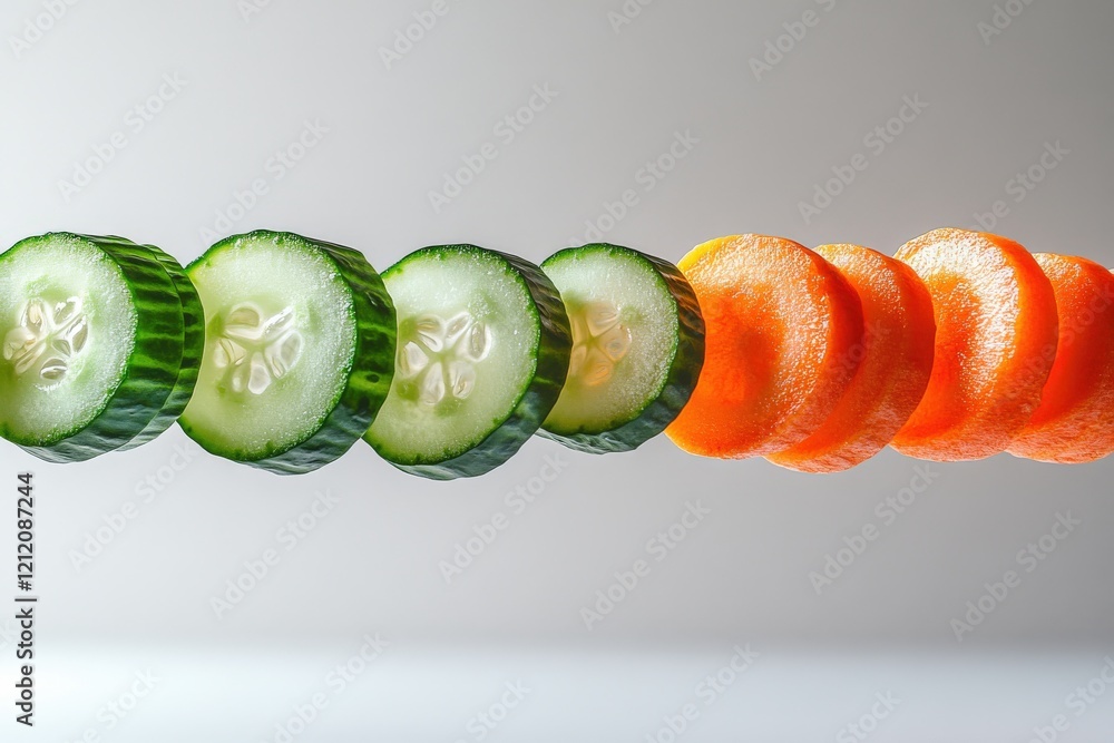 Aufkleber vibrant image of sliced cucumbers and carrots floating against a neutral background. perfect for hea