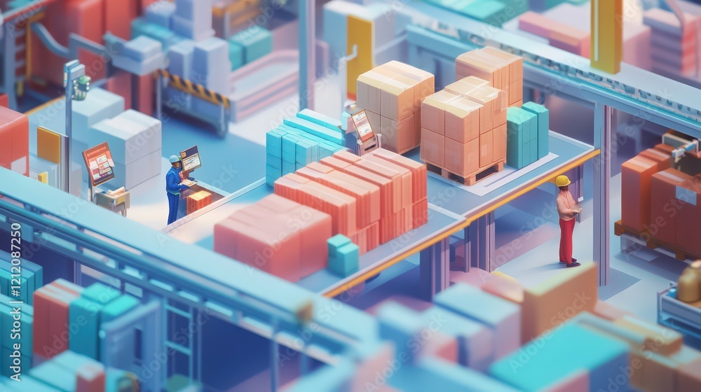 Poster isometric view of a busy warehouse with workers and lots of stacked boxes and materials