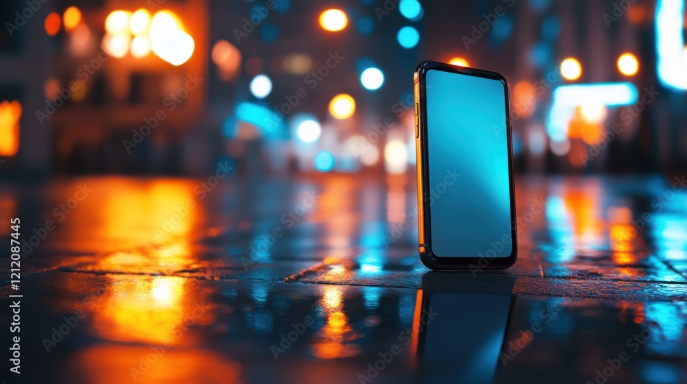 Poster a smartphone mockup captured in an urban setting with dynamic lighting to create a contemporary vibe