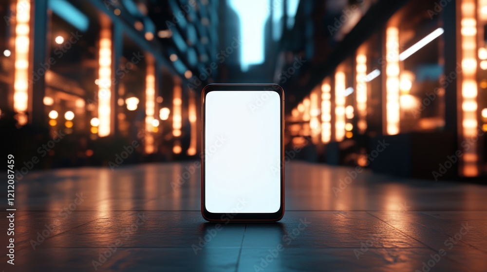 Poster a smartphone mockup captured in an urban setting with dynamic lighting to create a contemporary vibe