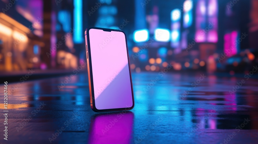 Poster a smartphone mockup captured in an urban setting with dynamic lighting to create a contemporary vibe
