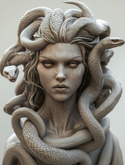 Portrait of Medusa , Greek mythology a monster, a Gorgon, human female with living venomous snakes in place of hair.

