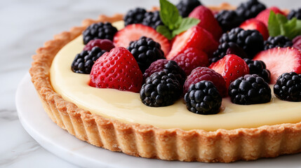 Fresh fruit tart with flaky crust topped with berries and mint leaves