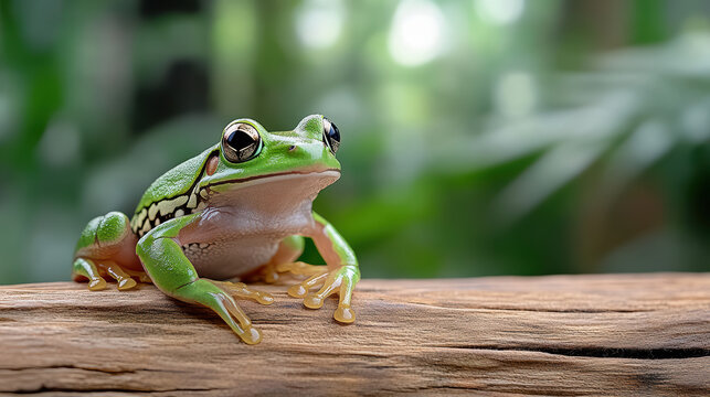 close up of vibrant green rainforest frog resting on wooden branch