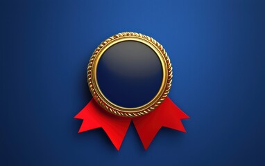 A shiny round badge with a golden border and a bright red ribbon, placed on a royal blue background for a striking contrast
