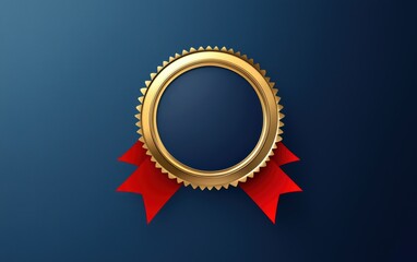 A shiny round badge with a golden border and a bright red ribbon, placed on a royal blue background for a striking contrast