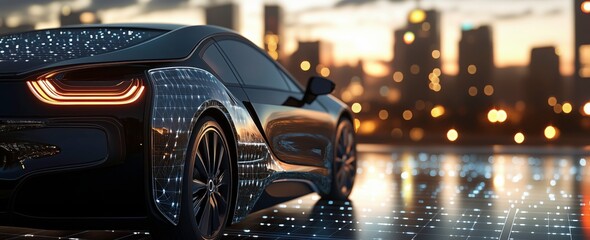 Urban Drive: A sleek, black sports car with glowing taillights stands out against the backdrop of a...