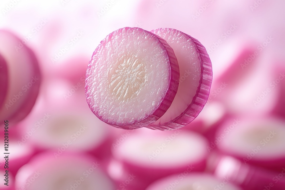 Poster close-up of two vibrant red onion slices, floating against a blurred backdrop of more onion slices, 