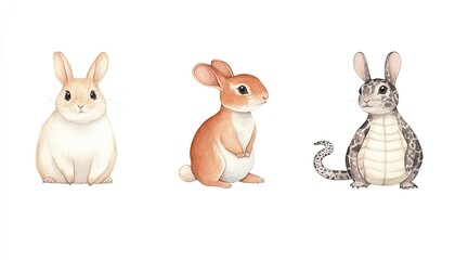 Obraz premium Three adorable, illustrated rabbits showcasing different poses and colors against a white background