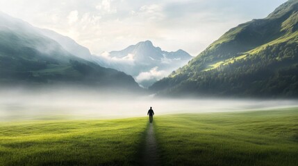 Solitary figure walking path through misty mountain valley at sunrise.