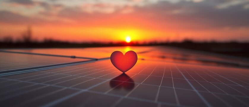 Sunset Heart on Solar Panel: A red heart rests on a solar panel at sunset, symbolizing love for the environment and renewable energy. The vibrant sunset colors create a stunning backdrop.