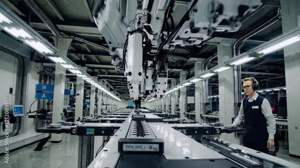Poster advanced robotics in automated manufacturing line showcasing precision assembly in a modern factory 