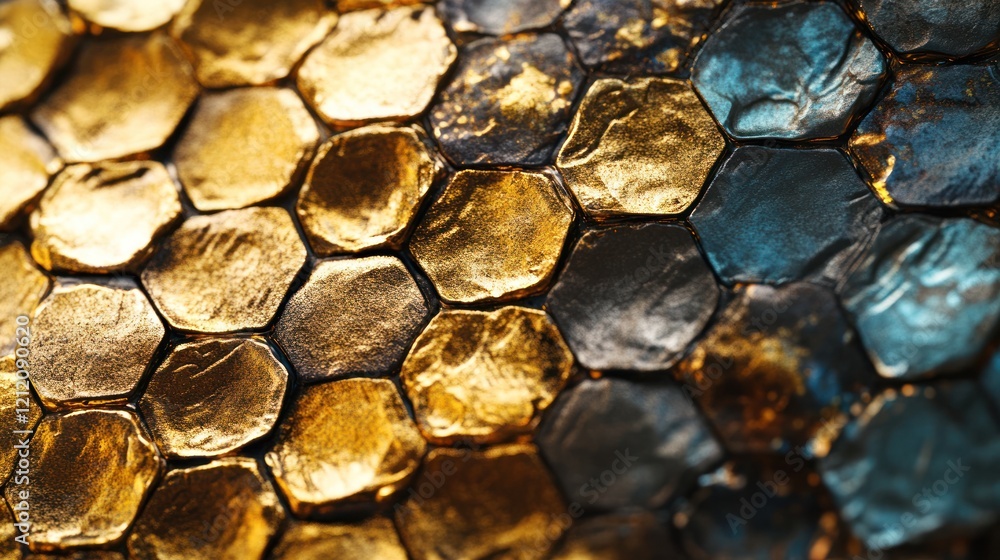 Poster abstract hexagons with metallic textures creating luxury visuals for premium branding.