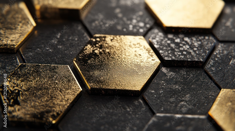 Poster abstract hexagons with metallic textures creating luxury visuals for premium branding.