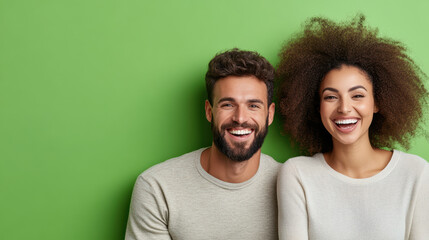 Obraz premium Happy couple smiling together against bright green background